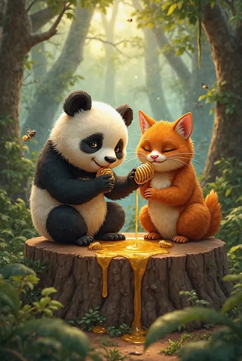 A realistic "Deep in the jungle, in a cozy little hideout surrounded by thick trees and soft grass, a chubby panda and an orange, plump cat are finally at ease. After their daring escape, they are now sitting comfortably on a large tree stump, sharing the ...