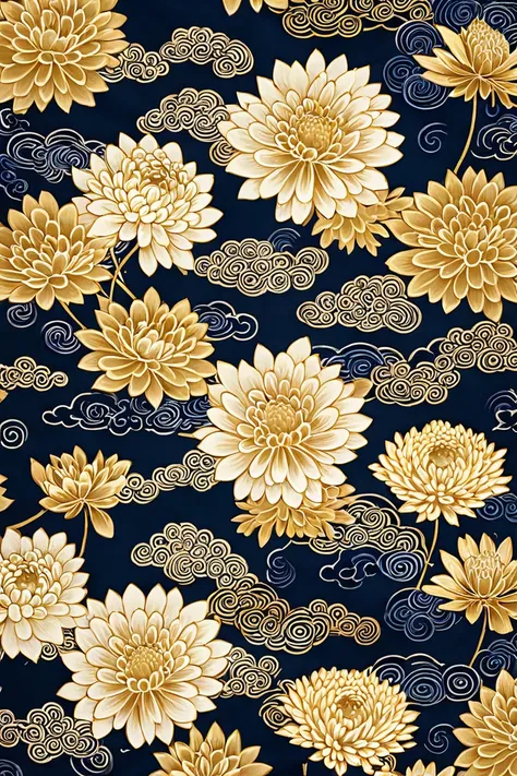 A traditional Japanese textile print with subtle gold details, chrysanthemums, and swirling cloud motifs.