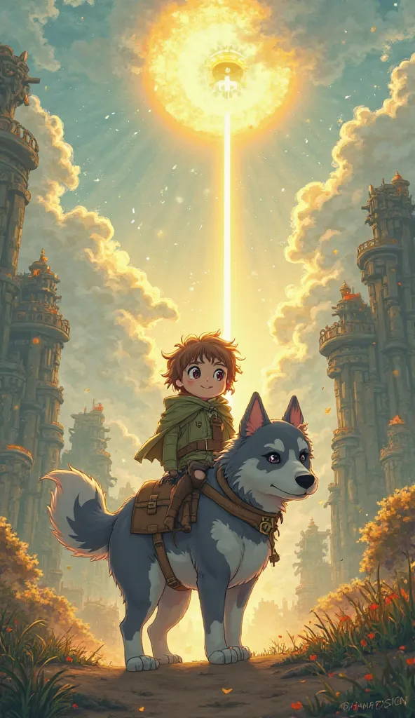 A baby traveler with a small cloak and a tiny wooden staff, sitting on the back of a loyal gray puppy. The baby has a mysterious glowing emblem on its forehead, symbolizing its hidden destiny. The puppy looks determined and brave, standing in a fantasy lan...