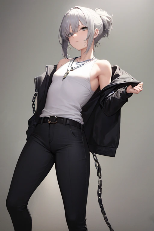 ((TOP QUALITY)), (( masterpiece)), ( exhaustive),  One Woman ,  short hair,  Silver Hair, with bangs, ponytail, sideways hair trimmed, all back hair, One eye is yellow , the other is black eyes, flat chested, Narrow eyes, Black jacket, patterned white shir...