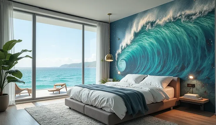 The innovative and biophilic-style bedroom at apartment, inspired by “Scintillating Splashing Sea Wave Rolling” .Blends organic forms, nature with modern design, creating a serene and refreshing retreat. Make it realistic and actually made