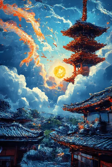 "A floating city of Kyoto, suspended in the clouds, infused with Monet’s glowing impressionistic colors, blended with Dalí’s surrealist floating structures. The iconic red pagodas stretch skyward in Van Gogh’s swirling motion, their roofs slightly twisting...