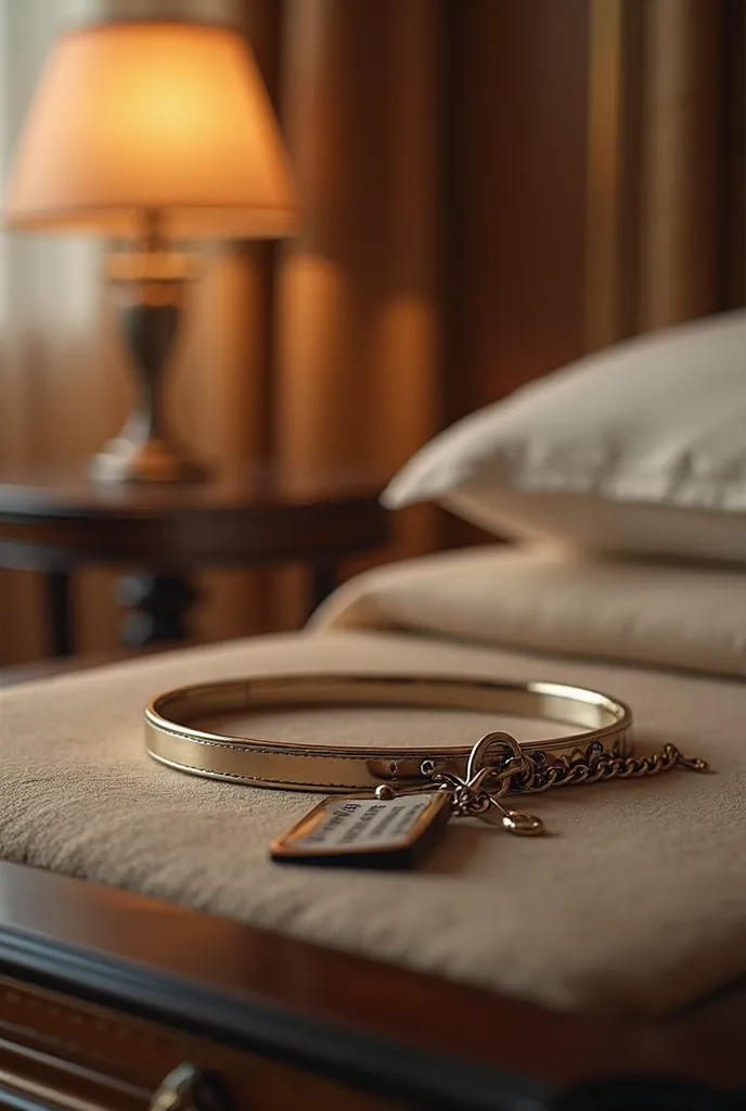 A closeup realistic image of a thin metal collar sitting on a bedside table of a luxurious bedroom ((with the words ‘Owned by Mistress Nastazia’ written on a tag attached))