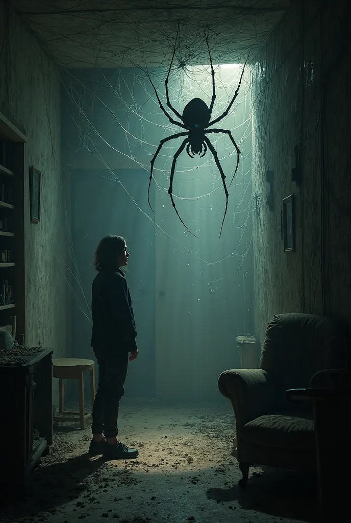 Here’s an image prompt for your concept:  

*"A dimly lit corner of a house, covered in thick, tangled spider webs. A person stands frozen in fear, their face partially illuminated by a flickering light, as they stare at an enormous spider crawling down fr...