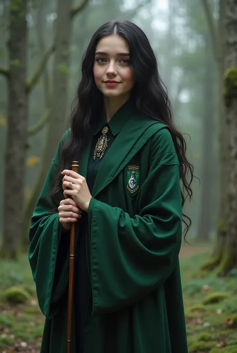  A beautiful white young girl(A daughter of Severus Snape: (European girl, black hair, green eyes)) 143cm tall , B:W:H  60:56:72 her weight 50kg is standing in front of a hogwart wearing a slytherin uniform,smiling enjoying freedom , long black straight ha...