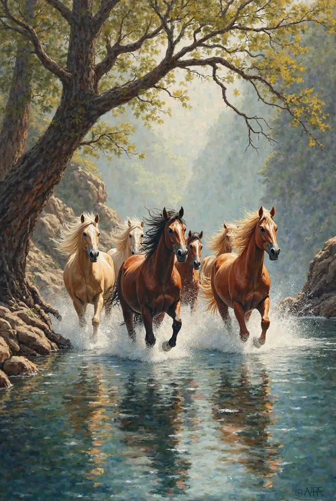 Handmade painting of  seven horses with 
log hair  running in water ,river,rocks, alpine trees and its roots touching water 