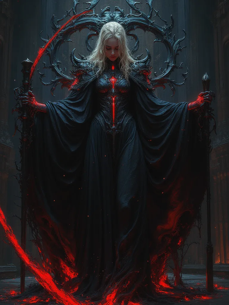 a blonde-haired woman in a black dress, the most beautiful female death in the world, holding a scythe, dark fantasy, gothic, dramatic lighting, cinematic, detailed portrait, chiaroscuro, dramatic pose, intricate clothing folds, muted colors, moody atmosph...