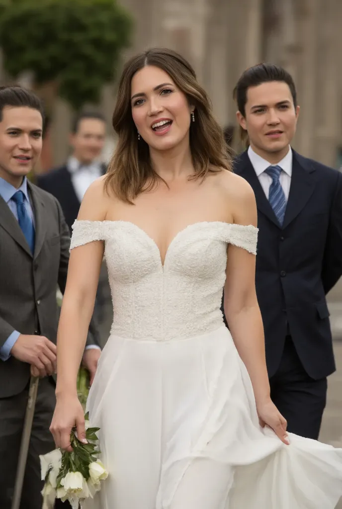 best quality, highres, 8k, masterpiece, photography, detailed midbody photorealistic portrait. Mandy Moore is seen walking down the aisle in a stunning, timeless wedding dress. The dress features a simple, elegant design with a plunging neckline and delica...