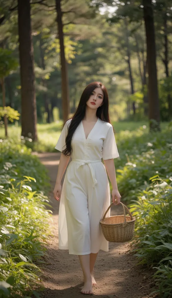 village girl with long black hair, wearing a simple traditional white dress, walks barefoot through a dense forest. She carries a woven basket in her hands, sunlight filtering through the tall trees, casting a golden glow on her curious face.