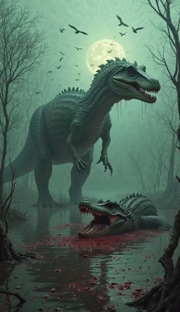 In a fog-covered, eerie swamp, a massive Spinosaurus looms over the  of a defeated, monstrous crocodile. Its massive foot presses down on the reptile’s crushed skull, jagged teeth still locked in a death bite. The murky water beneath them is tainted red, b...