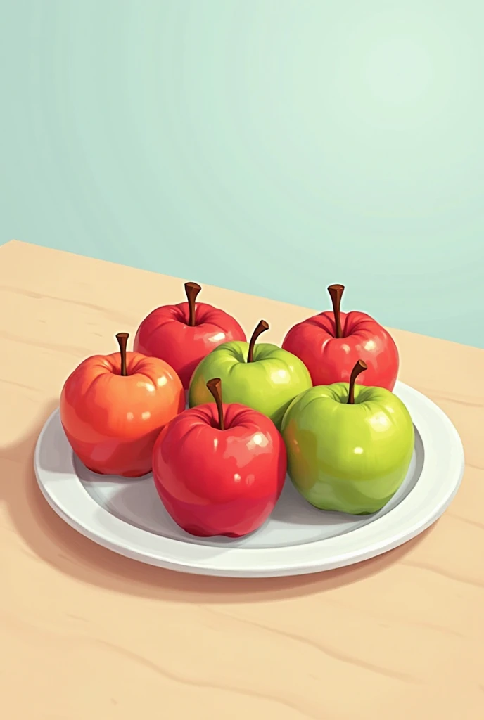 A cartoon plate with several apples, bright red and green, with a slight shine to make them look juicy. The apples are placed in a round white plate with soft shadows and a slight texture. The background is a soft gradient of beige (table) and light blue (...