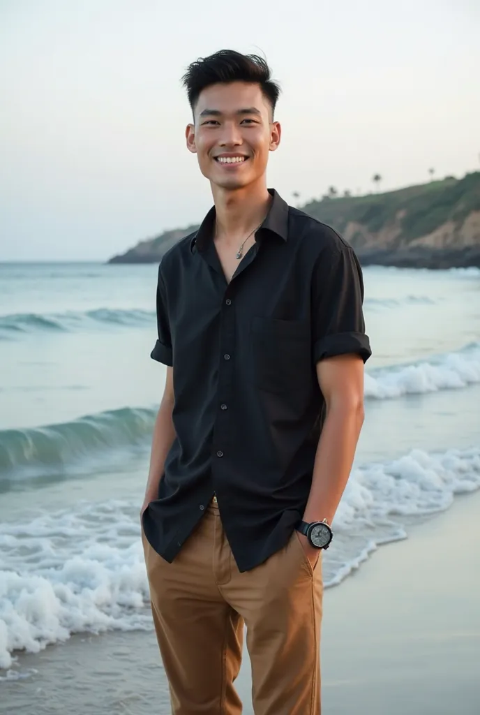 photography moment full body photo A handsome Indonesian young man with neat short undercut hair and white skin wearing a black shirt and long brown jeans, standing on the edge of a calm beach. Smiling while looking at the camera. The gentle waves gently c...