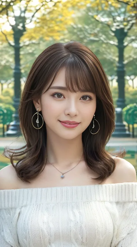 ((table top, TOP QUALITY, high definition, , pixel perfect, 4K, ))), 1 person,  single,  alone, Beautiful woman with full body visible  )、 (( medium length wavy hair, bangs, brown hair)), ((brown eyes,   beautiful eyelashes , realistic eyes)), ((detailed f...