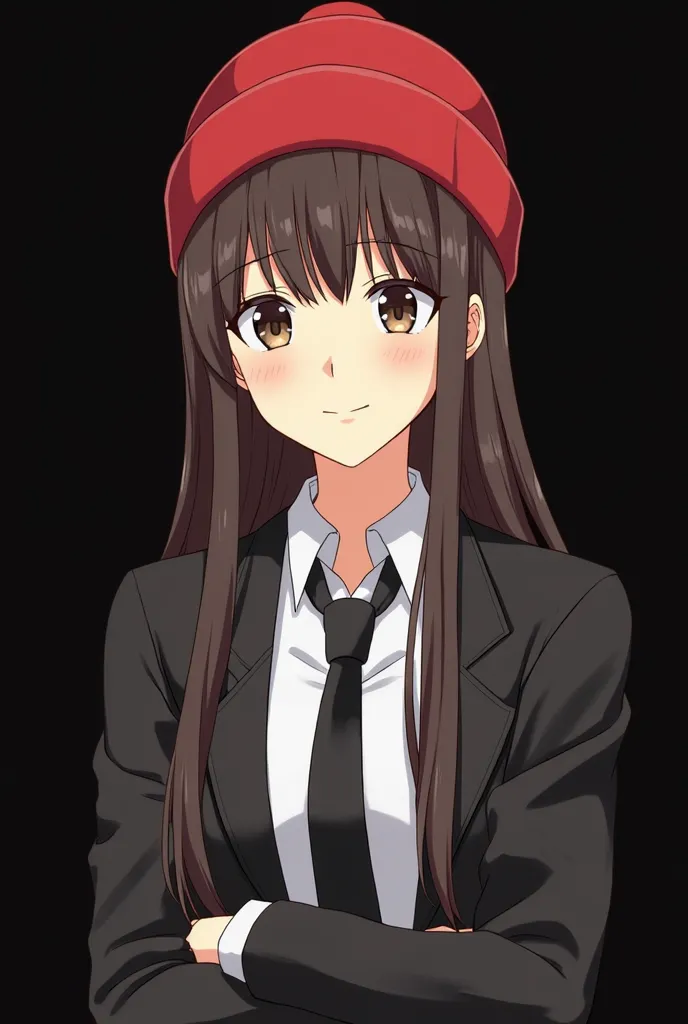 Female anime characters long dark brown hair with bangs on their face red beanie hat serious smile and calm look dark brown eyes white shirt and black jacket with black tie lenses on the face black arms crossed and black background