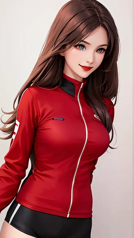 woman , long hair brown, normal, dark, she is solo, from alternative world ,best quality, realistic, cycling (full red color) suit and cycling sports black shorts, she is stand , smile, red lipstick , 