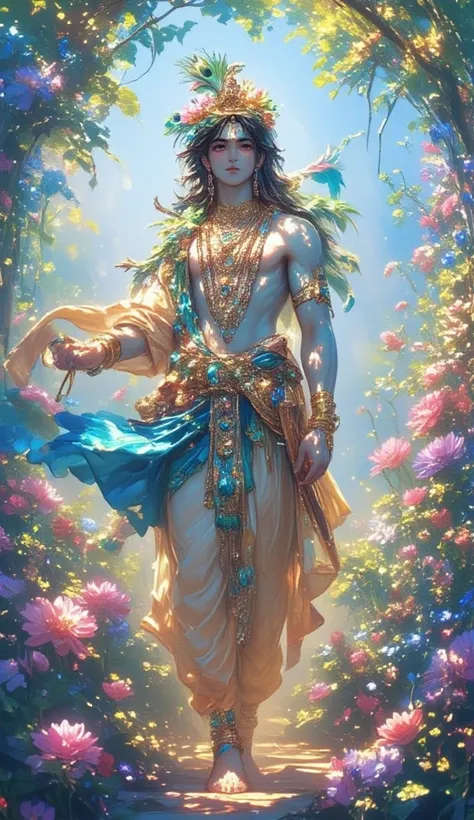 Create an image of Lord Krishna in a flower garden。The background is bluish。