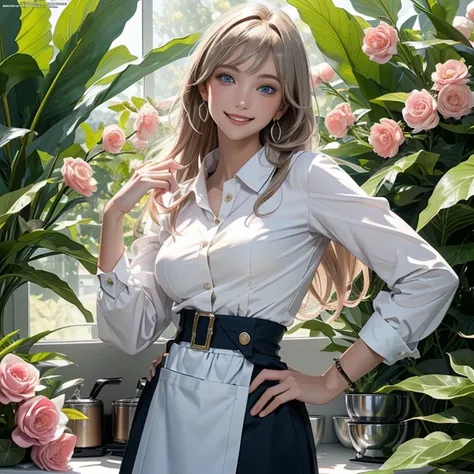 (from below:1.1),((1girl, silverblonde hair, long hair, qutel blue eyes, beautiful eyes, pretty smile:1.5, ), coloring watercolor digital pencil ,Cherry blossoms falling,an animated painting of a woman in an apron standing at a coffee maker, 1girl, brown h...