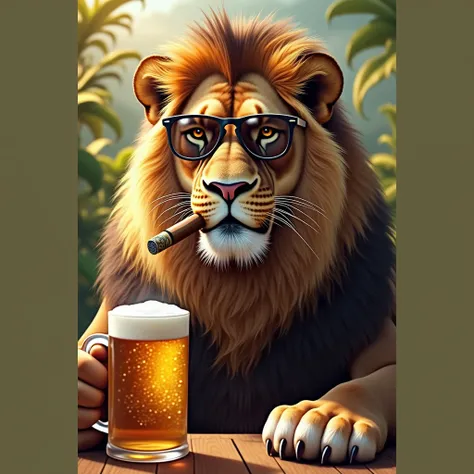 Lion with sunglasses and Cuban cigar in his mouth, Who holds a mug of beer with his right hand  