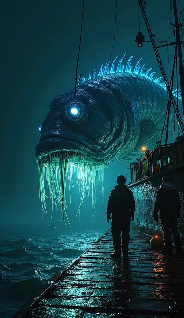 A hyper-realistic image of an enormous, deep-sea lanternfish, its grotesquely oversized head dominating the fishing boat's deck. Bioluminescent tendrils hang from its monstrous jaw, casting eerie, pulsating blue and green light onto the wet planks. Its nee...