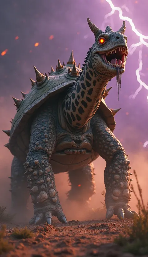 "Fuse a turtle and giraffe into a menacing hybrid creature, rendered in cinematic 8K realism. The beast has a massive turtle-like shell, armored with jagged, spiked ridges that extend into a giraffe’s elongated neck. Its head combines a turtle’s angular ja...