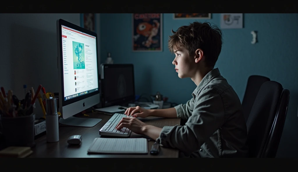 *"A boy who has been making YouTube videos for a long time sits alone in his dimly lit room. His hands rest on the keyboard, but his mind is lost in thought. The flickering glow of the screen reflects in his tired eyes, showing his YouTube analytics—views ...