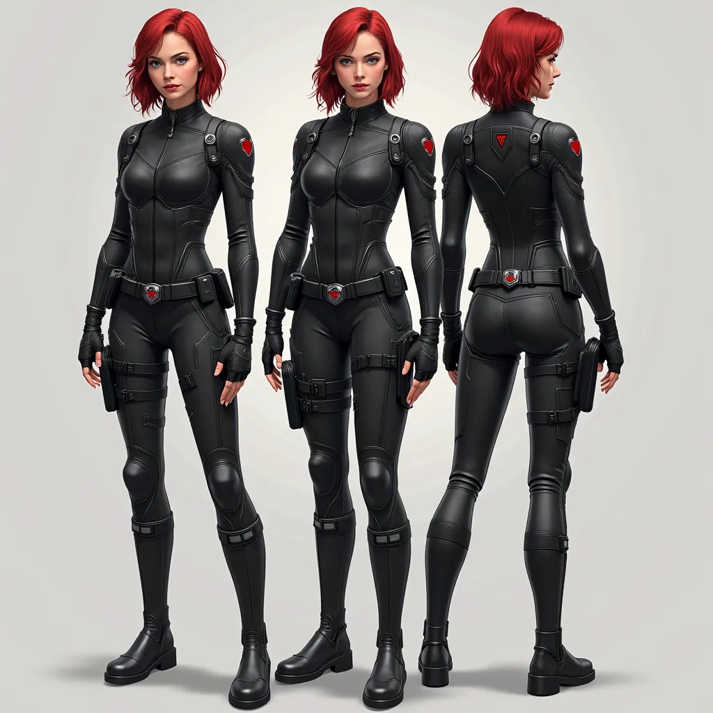 "Create a high-quality, realistic image of a sleek and tactical Black Widow-inspired outfit. The outfit should be a black, form-fitting bodysuit made of durable yet flexible material, featuring subtle armor plating on the shoulders, elbows, and knees. It s...