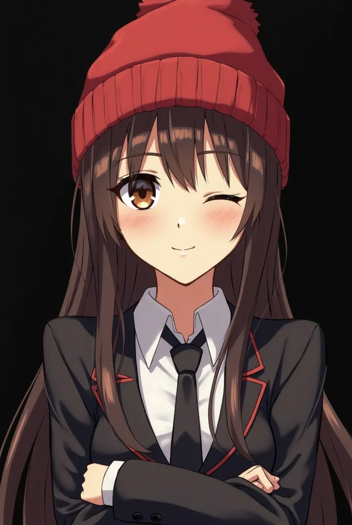 Female anime characters long dark brown hair with bangs on their face red beanie hat serious smile and calm look dark brown eyes twinkling one eye white shirt and black jacket with black tie black lenses on the face, crossed arms and black background