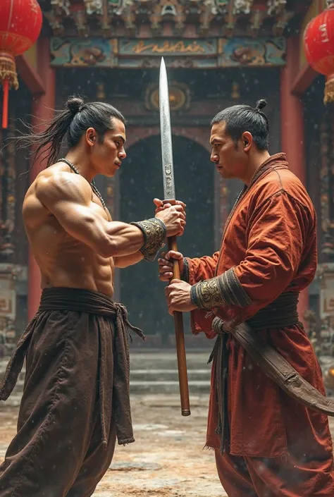 A man in Kung Fu clothing with a machete,  looking at a Chinese man in Kung fu clothes with a spear in his hands 