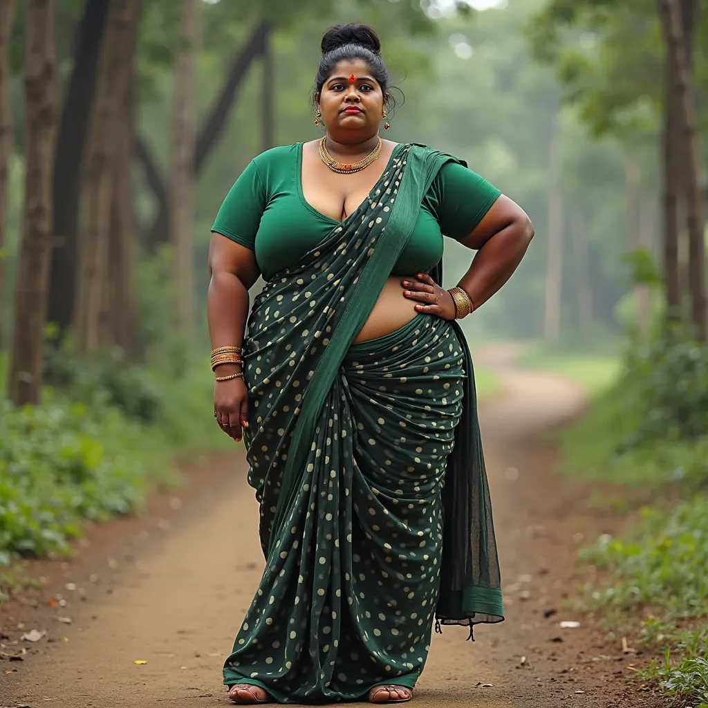 Indian extreme plus size BBW chubby fat busty dark skinned wide breast woman with dusty face with large breast and large extreme fat curvey figure and wide shoulder and hair bun and wearing green deep neck tight fitting blouse with displaying big cleavage ...