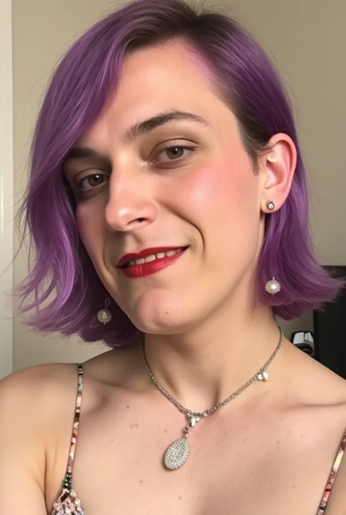 Selfie of a trans person from MtF with lipstick, Purple-dyed hair, and a necklace.  