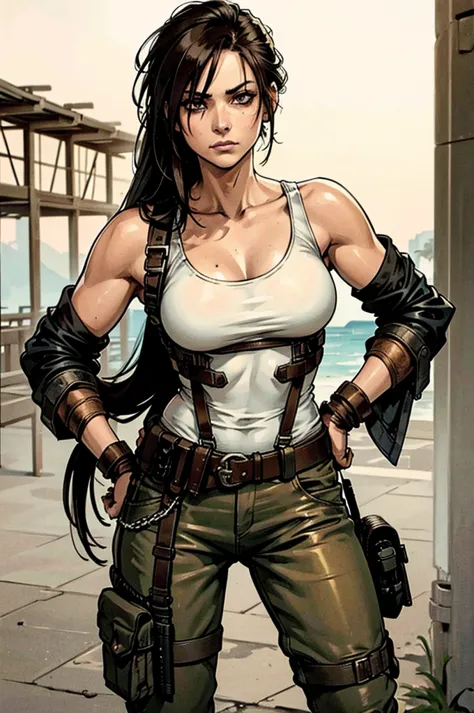 a military woman, well trained body, white sleeveless t-shirt, Exposed collarbone, beige leather shelter, blue pants, two leather belts with gun pockets, dark brown hair, carving, Brown eyes, hazel left eye, left eye with a scar, beach shore, at daytime, g...