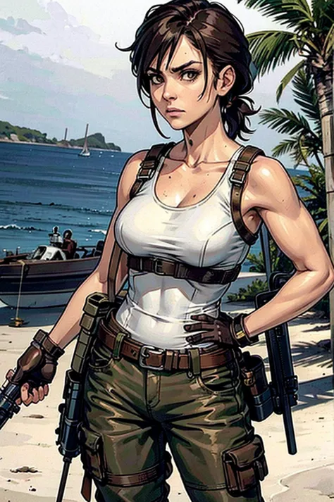 a military woman, well trained body, white sleeveless t-shirt, Exposed collarbone, beige leather shelter, blue pants, two leather belts with gun pockets, dark brown hair, carving, Brown eyes, hazel left eye, left eye with a scar, beach shore, at daytime, g...