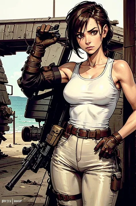 a military woman, well trained body, white sleeveless t-shirt, Exposed collarbone, beige leather shelter, blue pants, two leather belts with gun pockets, dark brown hair, carving, Brown eyes, hazel left eye, left eye with a scar, beach shore, at daytime, g...