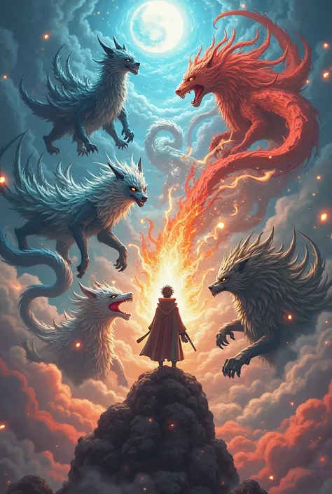 Generate an image for my phone lock screen wallpaper. The image must contain all the tailed beast and their jinchuriki from the anime Naruto.