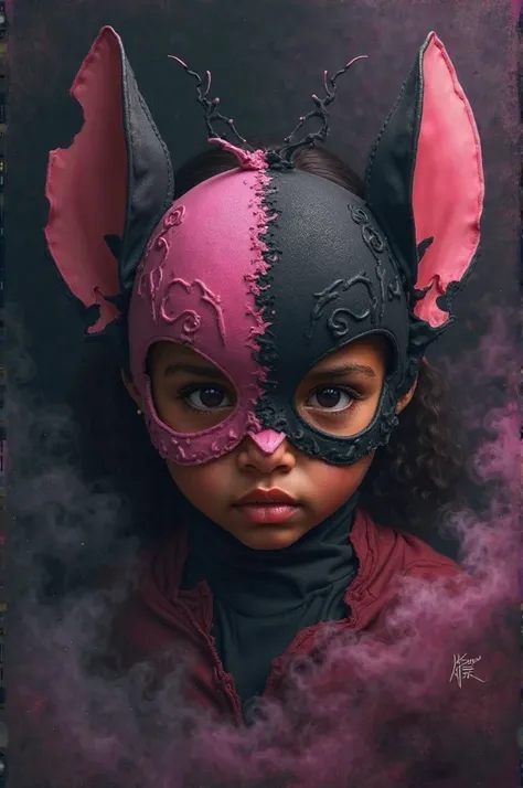 A brown girl wearing an elite mask half pink and black and the other half who is like Stitch's character and the girl is coming out of a black and smoky background



