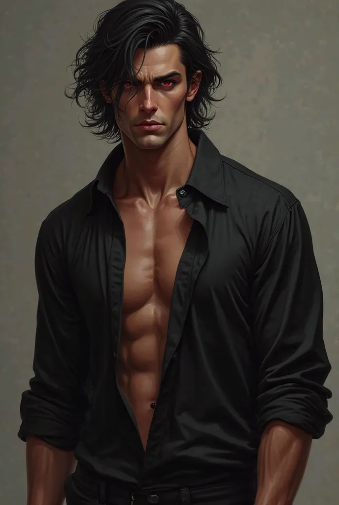 Create a tall and muscular man,  with brown skin , black hair,  long and messy. The iris of his eyes is a dark and intense red and his sclera of a strange black color, dressed in a black shirt open from the chest and rolled up to the elbows