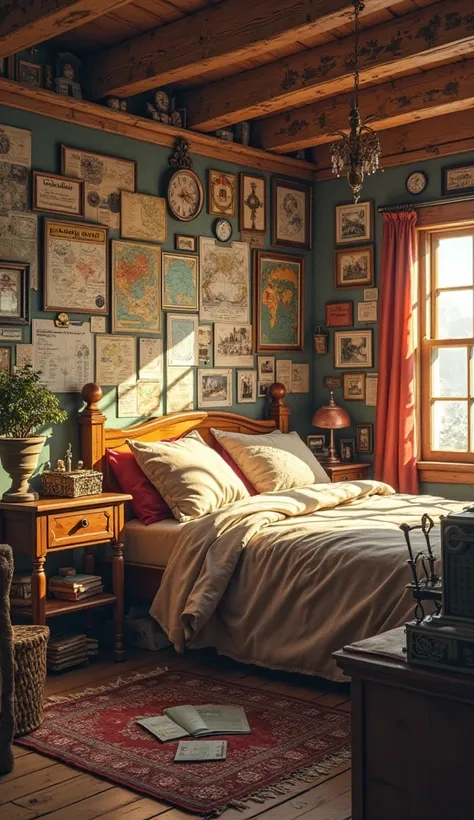 A cozy bedroom filled with travel posters, maps, and souvenirs