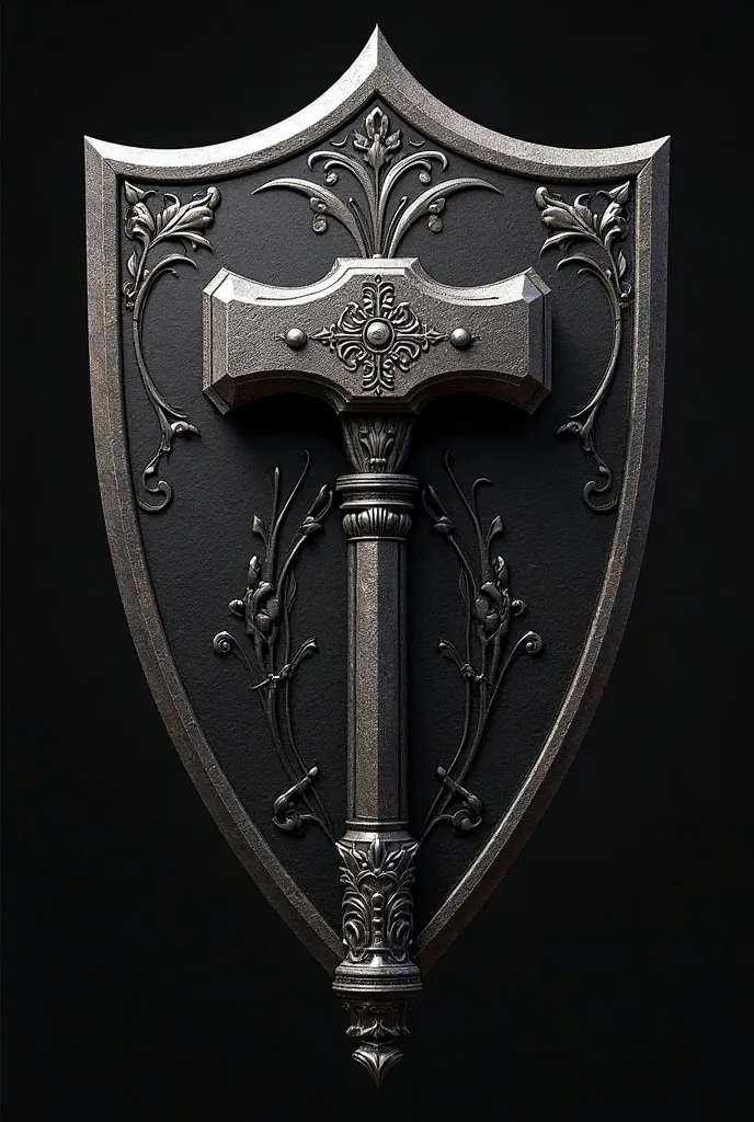 emblem of a knightly order with a hammer and a black shield in the background