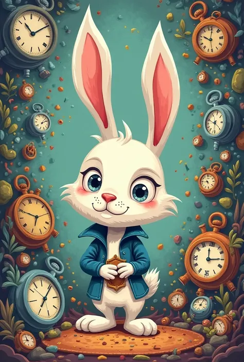 A cartoonish and fun image, usando lettering, with the late Rabbit from Alice in Wonderland and watches, saying: I woke up early to be late calmly