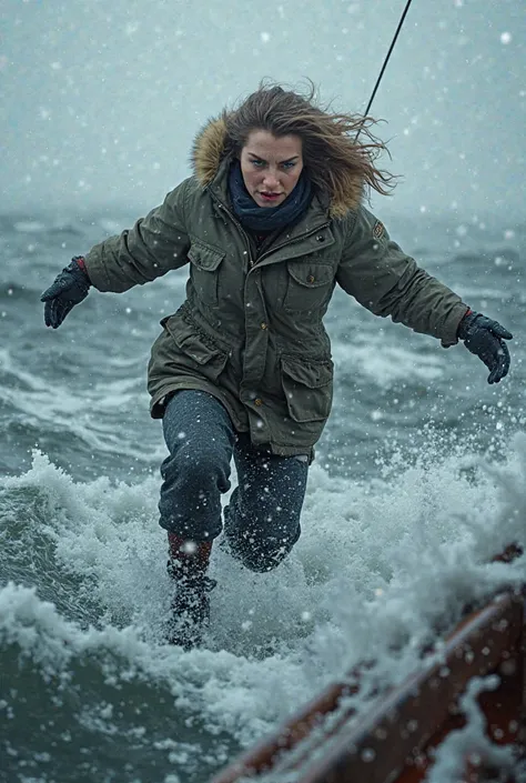  HD image of a woman attempting to jump from a broken boat in the middle of a stormy sea, surrounded by towering waves and snowfall. She is wearing pecap and watch