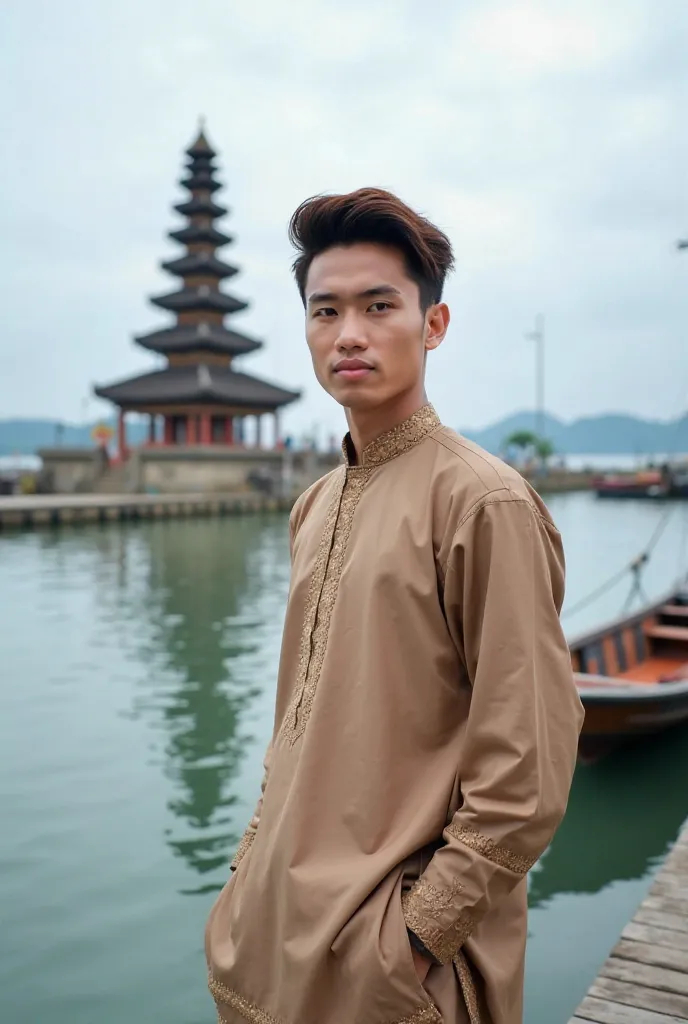  Photo of a handsome Vietnamese young man, brown hair wearing traditional Malay clothes. He stands on a pier in a seaside village with a pagoda in the background. The water is calm and reflects the sky and pagoda. The sky is cloudy. There is a boat tied up...