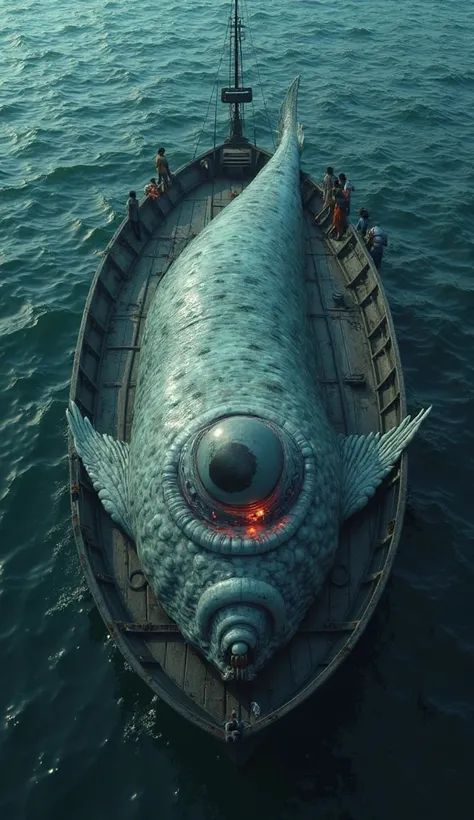 A hyper-realistic scene of an enormous deep-sea fish with a single, grotesquely oversized glowing eye sprawled across the boat’s deck. Its slimy, translucent skin reveals glimpses of its grotesque internal organs, pulsing faintly in the dim light. The fish...