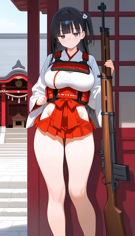 High quality, ultra detailed, best quality, insanely detailed, beautiful, masterpiece,The shrine maiden is gripping a rifle, Beautiful Japanese women in miko costume Shooting a rifle, solo, Uncensored, nsfw, red shrine maiden-style microskirt,glamorous, la...