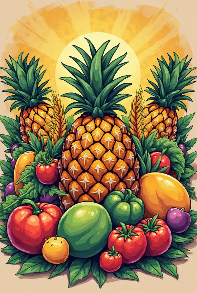 Create a t-shirt and put design logo, related to agriculture and Festival. Add fruits like pineapple, mango, wheat, and vegetables. 