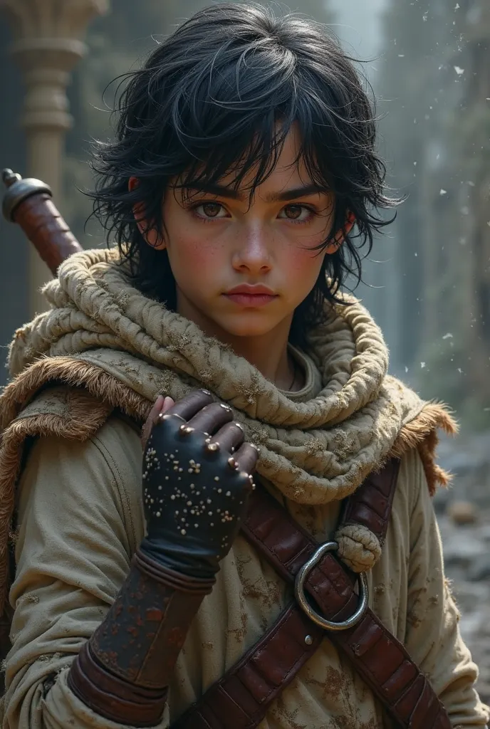 Create an image of a young 18-year-old ager, smooth face,  with torn war clothes , black hair, medium, brown eyes,  with a glove on his right hand only,  A serious expression . In the medieval fantasy theme .