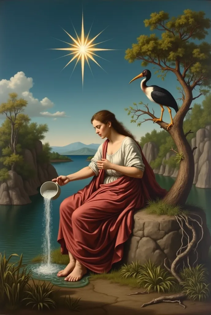 A Great Star the sky. A River. A Woman Pouring Water—one hand pouring onto the earth, the other into the river. A Bright & Blue Sky. A background filled with lush, growing plants. An ibis-Bird perched on a Tree. Highly detailed, a masterpiece of the finest...