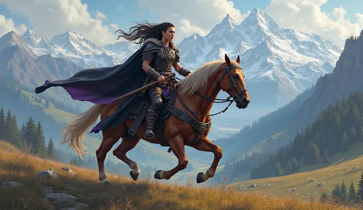 A berserker young guy ((20 years old)) and a girl ((18 years old)) young mage, the girl has black and purple robes riding a horse together, medieval fantasy 