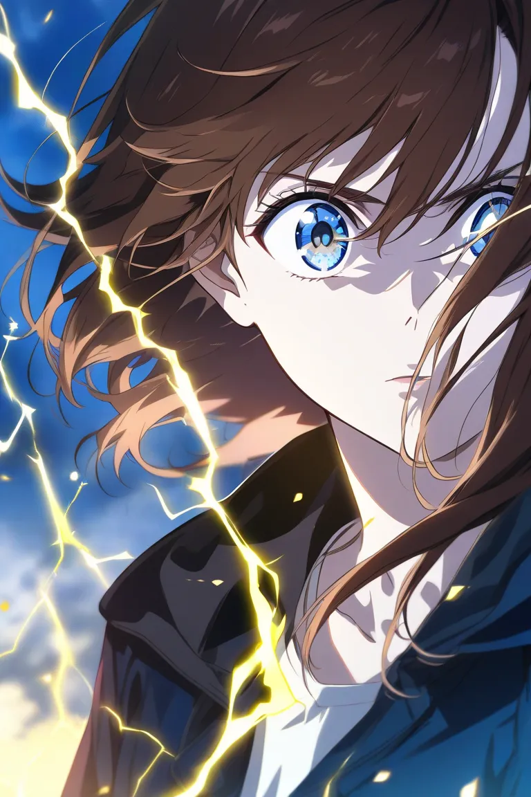 Young girl with pale skin, brown hair (layered side swept in front and to the left side) and blue eyes. In an anime way with not much lightning