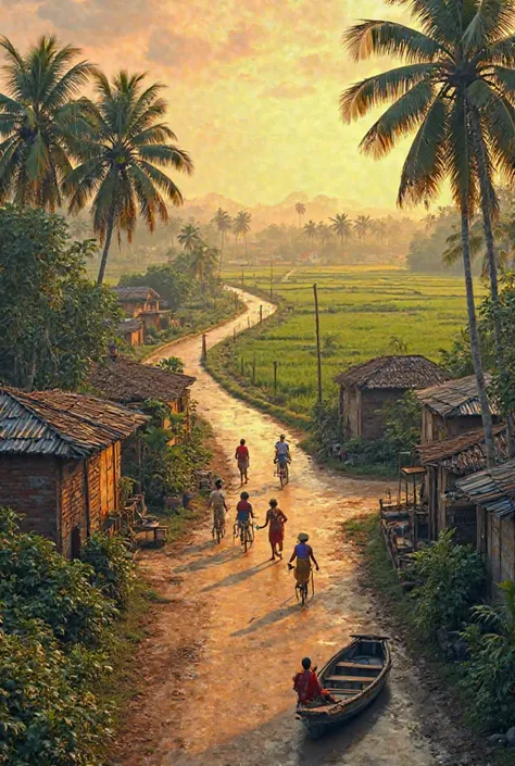 A serene Bangladeshi village in the warm glow of the late afternoon sun. A well-paved road winds through the village, flanked by lush green paddy fields stretching to the horizon. Small, neatly built brick houses with tin roofs stand alongside traditional ...