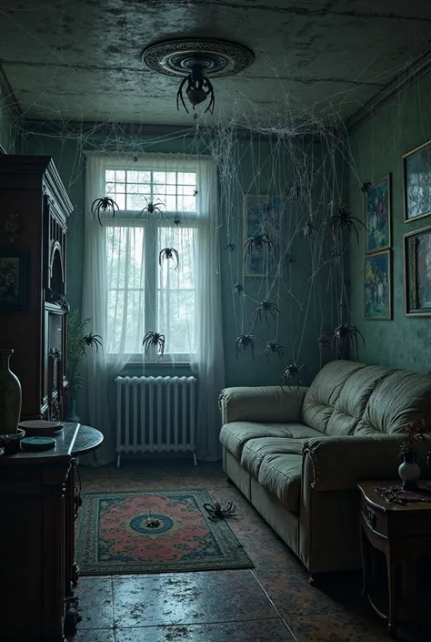 **Prompt:**  
*"A dark and eerie home interior overrun with spiders. Webs cover the furniture, ceiling, and corners of the room. Large, realistic spiders crawl across the walls, floor, and hang from the ceiling. The lighting is dim, casting creepy shadows,...